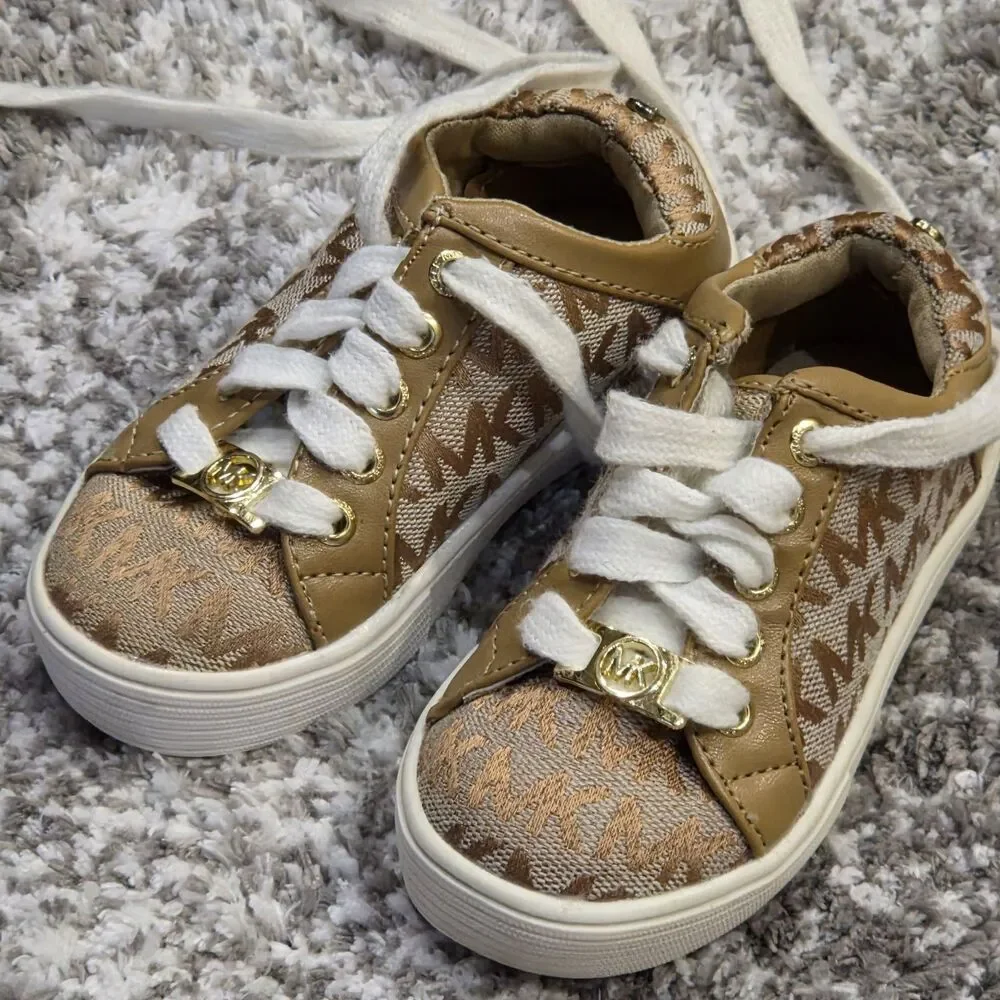 Michael Kors Girls Tan Monogram Logo Sneakers - Size 6